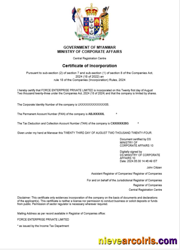New Zealand business registration certificate